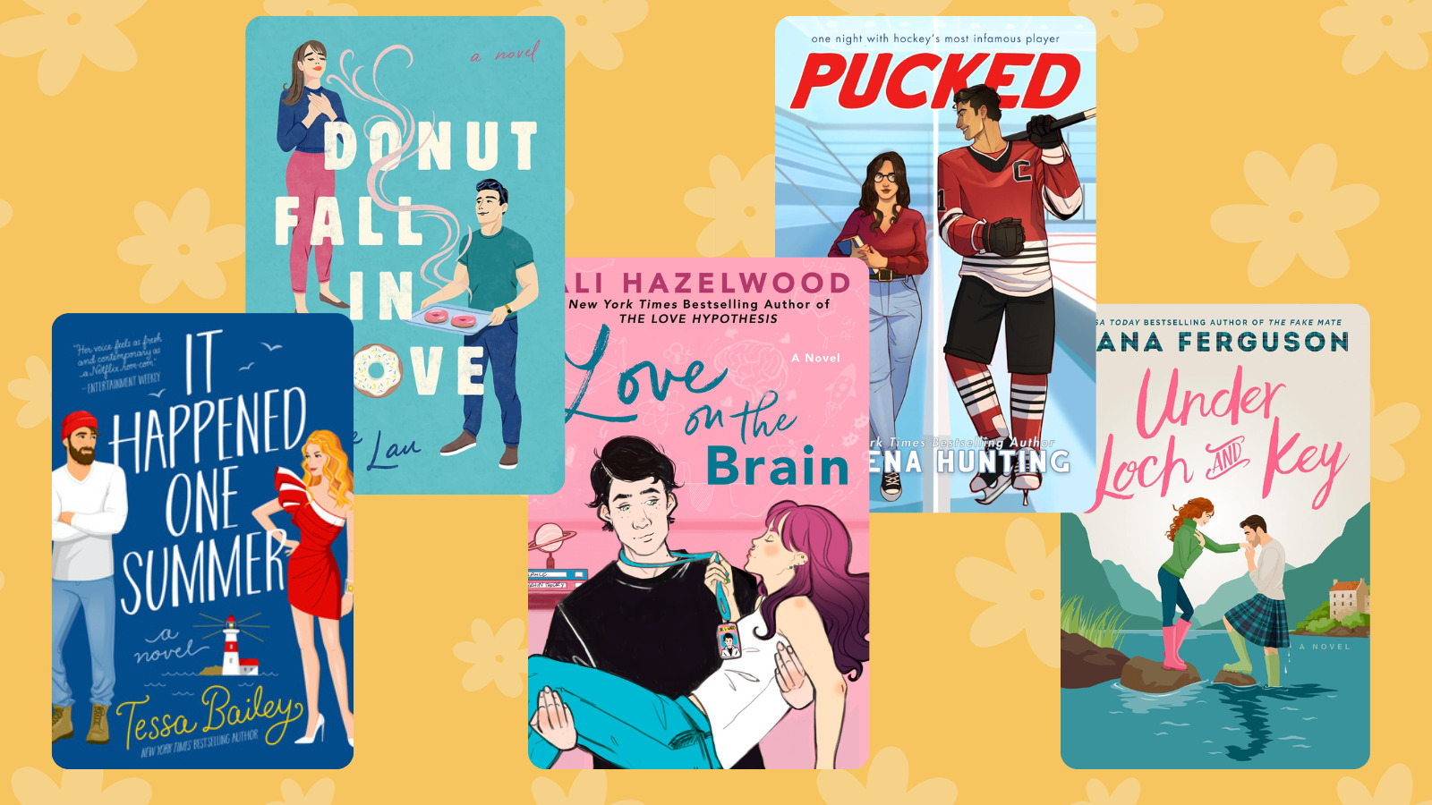 A collage of book covers, including It Happened One Summer by Tessa Bailey; Donut Fall In Love by Jackie Lau; Love on the Brain by Ali Hazelwood; Pucked by Helena Hunting; and Under Loch and Key by Lana Ferguson.